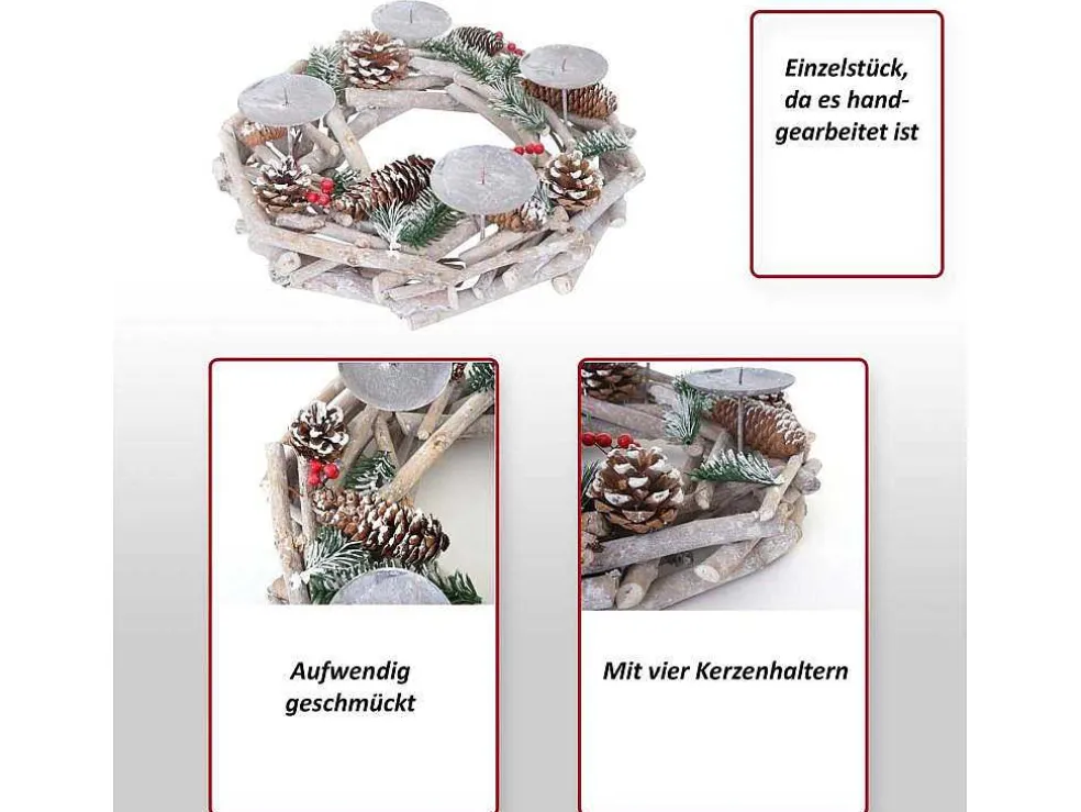 Adventskrans Rond Hout Zonder Kaarsen, Met Kaarsen, Rood