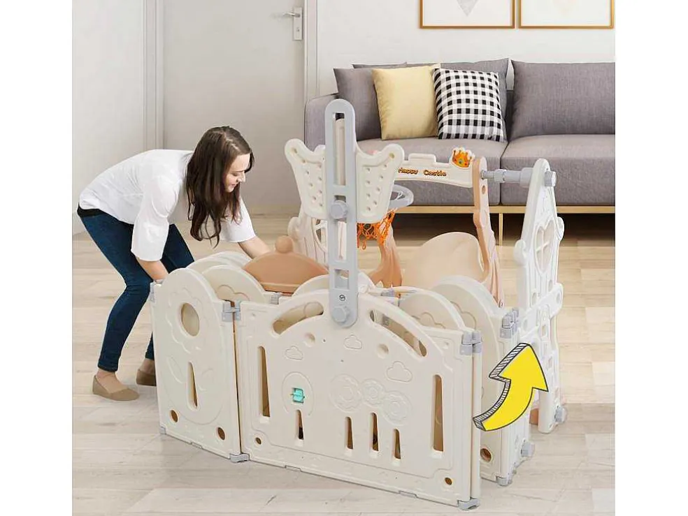 Afneembare En Opvouwbare Babybox 12+2 Met Speelbord, Basketbalring En Schommel Poederroze