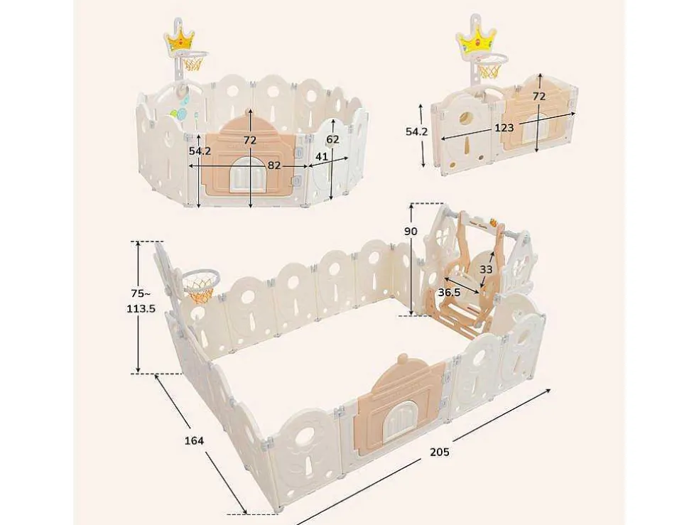 Afneembare En Opvouwbare Babybox 12+2 Met Speelbord, Basketbalring En Schommel Poederroze
