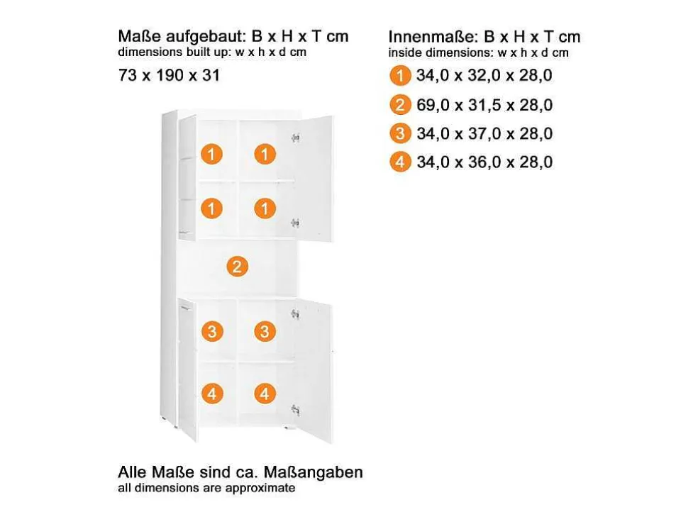 Amandamandobea Kolomkast 1 Open Vak, 4 Deuren Wit, Wit Hoogglans.