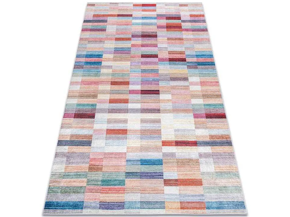 Andre 2295 Tapijt Wasbaar Klaver Strips Antislip - Roze / Blauw 120X170 Cm