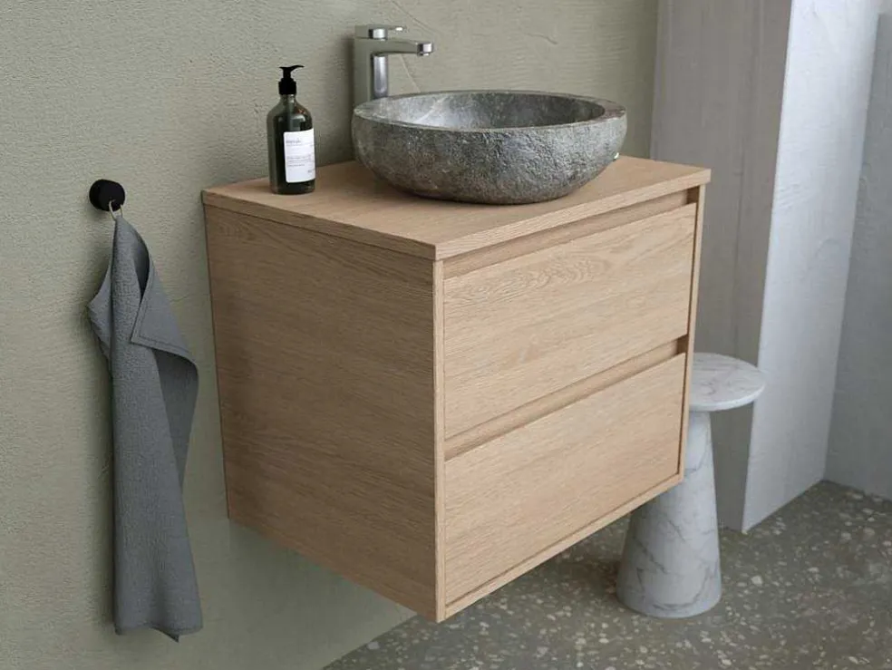 Badkamermeubel Met Opzetwastafel Van Steen - Eikenfineer - 60 Cm - Milipam