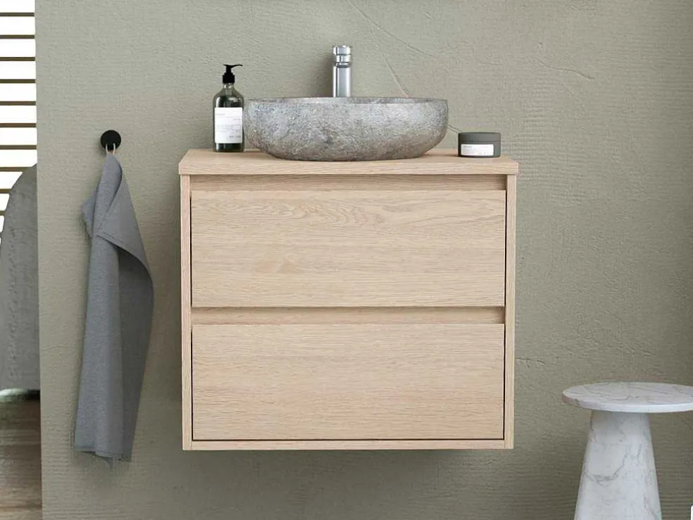 Badkamermeubel Met Opzetwastafel Van Steen - Eikenfineer - 60 Cm - Milipam