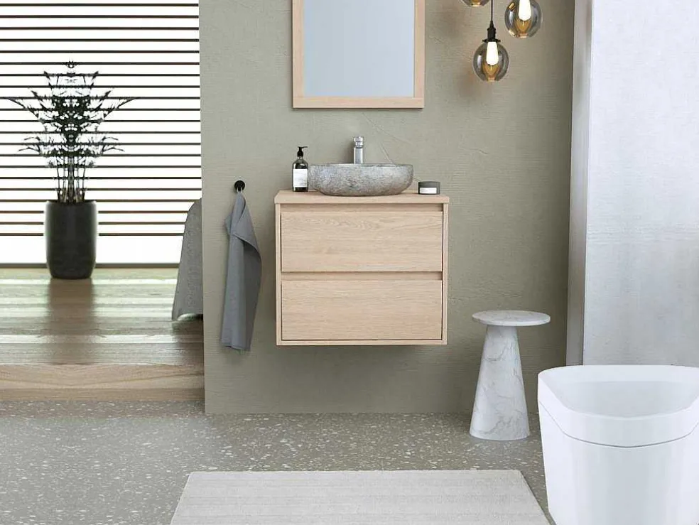 Badkamermeubel Met Opzetwastafel Van Steen - Eikenfineer - 60 Cm - Milipam