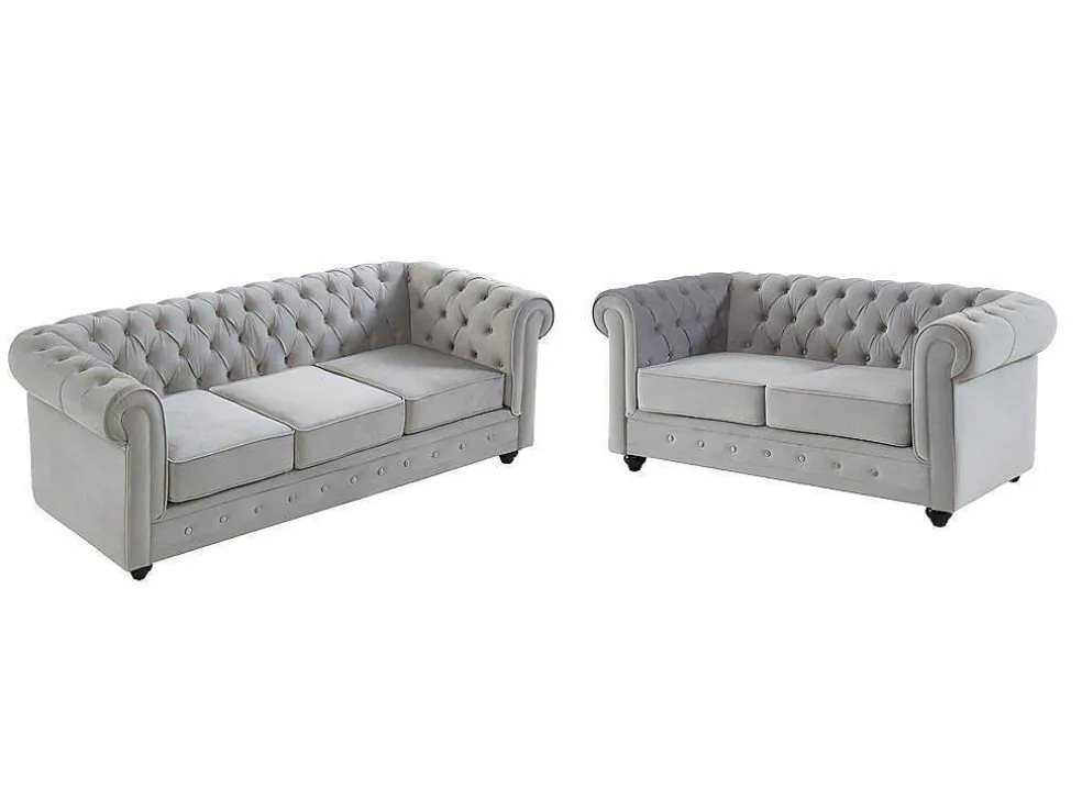 Bankstel Chesterfield - Fluweel - Lichtgrijs