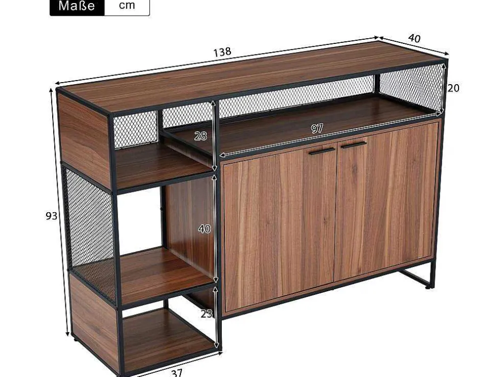 Barmeubel, Laag Dressoir - 2 Deuren En 4 Nissen - Mdf - Industriele Stijl - Kleuren: Bruin En Zwart