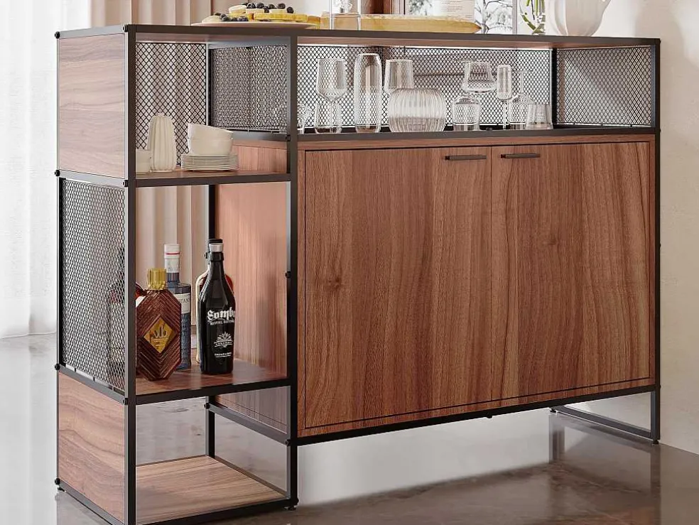 Barmeubel, Laag Dressoir - 2 Deuren En 4 Nissen - Mdf - Industriele Stijl - Kleuren: Bruin En Zwart