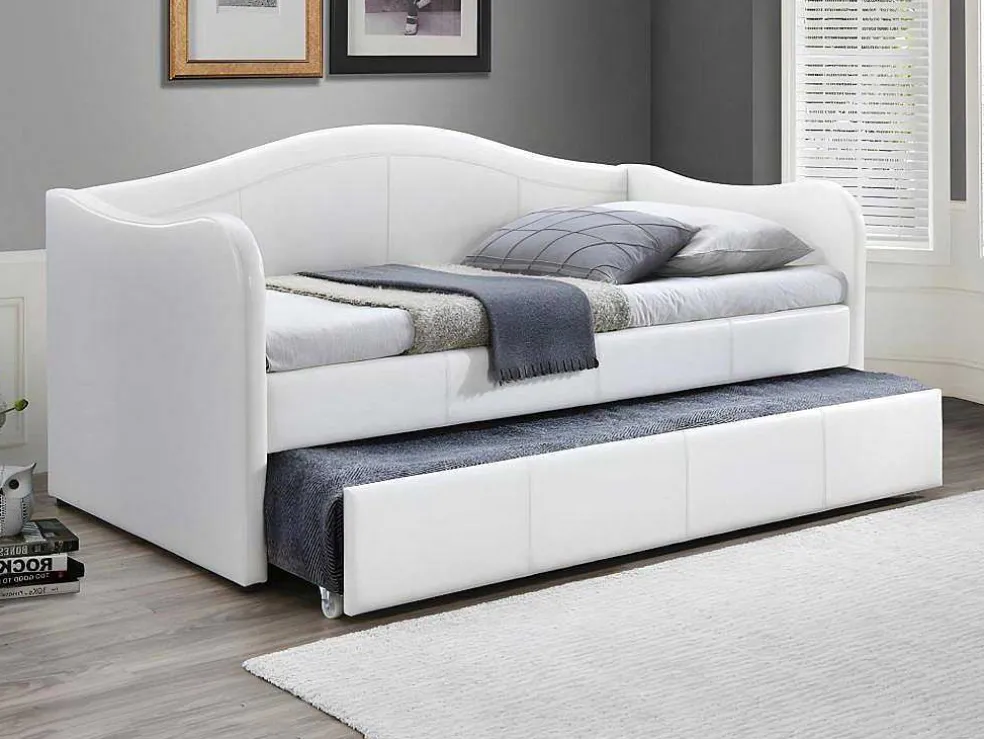 Bedbank Met Uitschuifbed Mathilde - 2 X 90 X 190Cm - Kunstleer - Wit