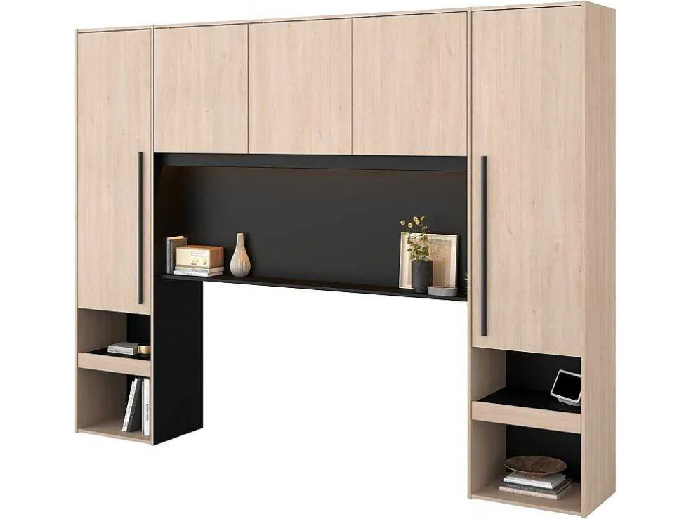 Bedkast Met Opbergruimte - Met Ledverlichting - L265 Cm - Kleur: Naturel En Zwart - Velona