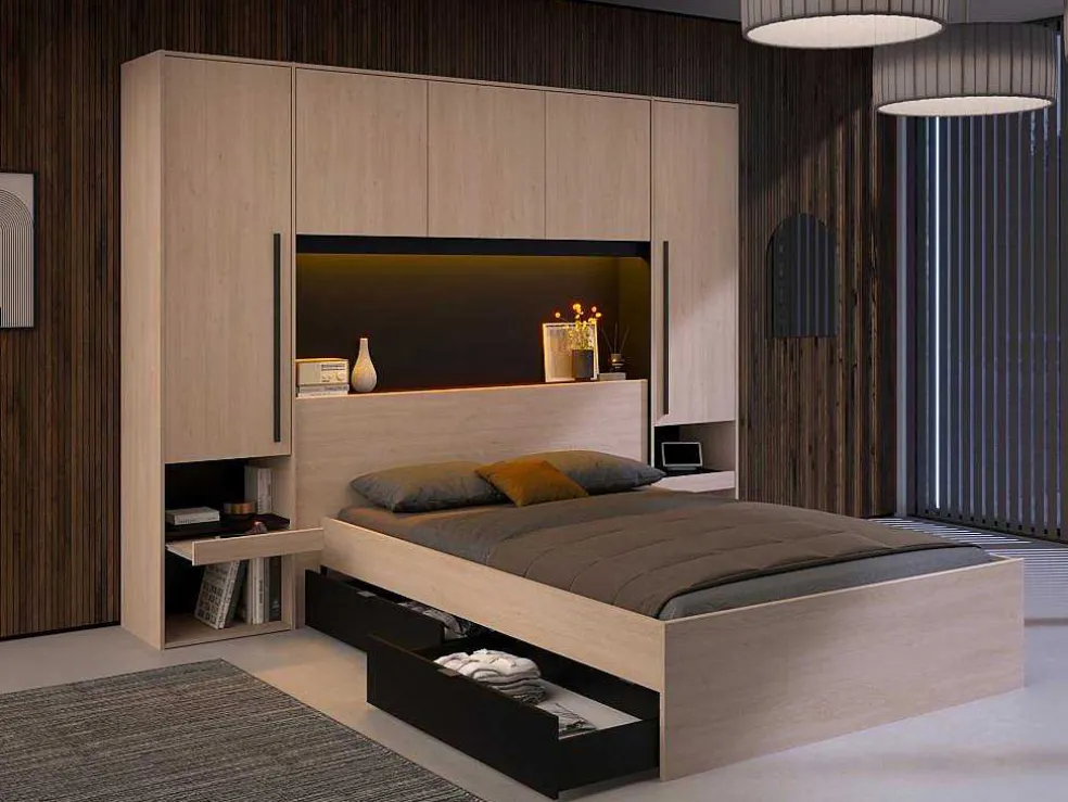 Bedkast Met Opbergruimte - Met Ledverlichting - L265 Cm - Kleur: Naturel En Zwart - Velona