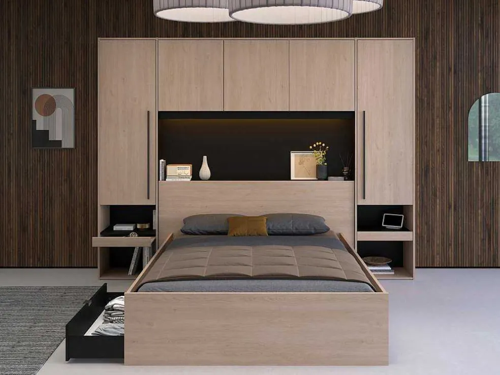 Bedkast Met Opbergruimte - Met Ledverlichting - L265 Cm - Kleur: Naturel En Zwart - Velona