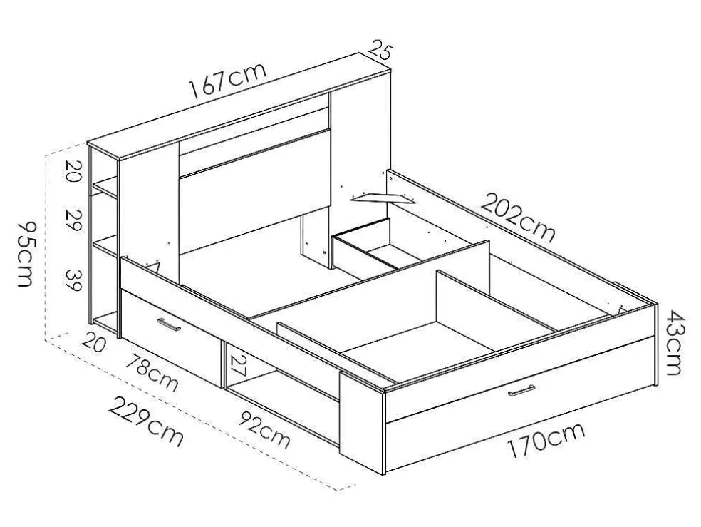 Bed Leandre Met Hoofdeinde, Opbergruimte En Lades - 160 X 200 Cm - Kleur: Eiken En Antraciet