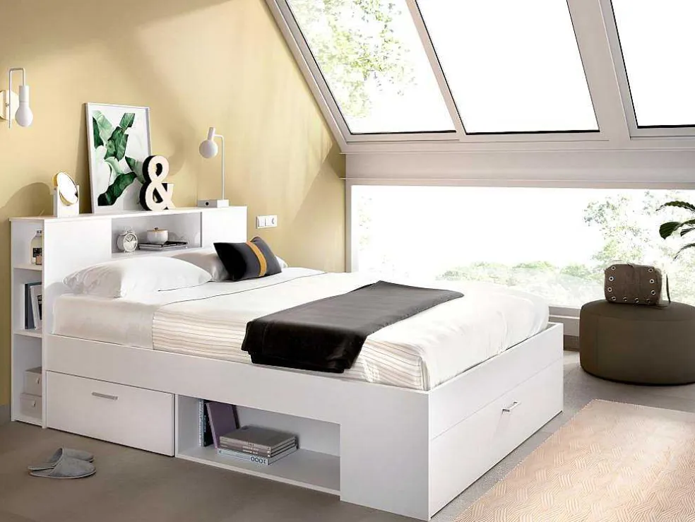 Bed Met Hoofdeinde Met Opbergruimte En Lades - 140 X 190 Cm - Kleur: Wit + Bedbodem + Matras - Leandre