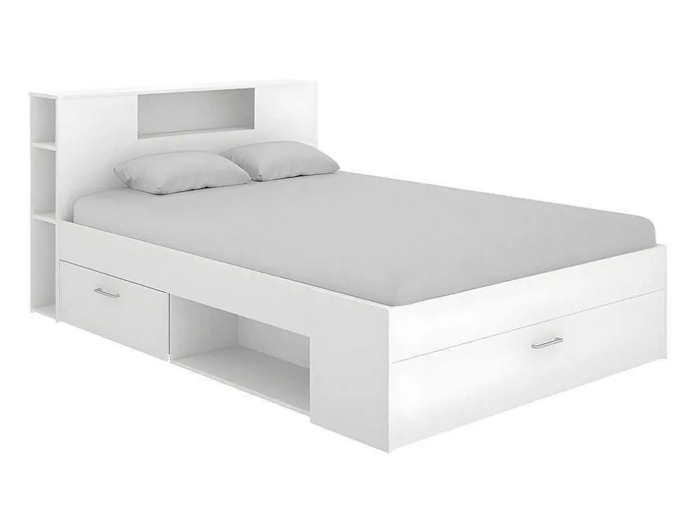 Bed Met Hoofdeinde Met Opbergruimte En Lades - 140 X 190 Cm - Kleur: Wit + Bedbodem + Matras - Leandre