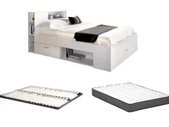 Bed Met Hoofdeinde Met Opbergruimte En Lades - 140 X 190 Cm - Kleur: Wit + Bedbodem + Matras - Leandre