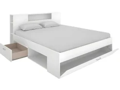 Bed Met Hoofdeinde Met Opbergruimte En Lades - 140 X 190 Cm - Kleur: Wit + Bedbodem + Matras - Leandre