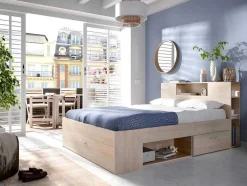 Bed Met Hoofdeinde, Opbergruimte En Lades - 160 X 200 Cm - Eikenkleur - Leandre