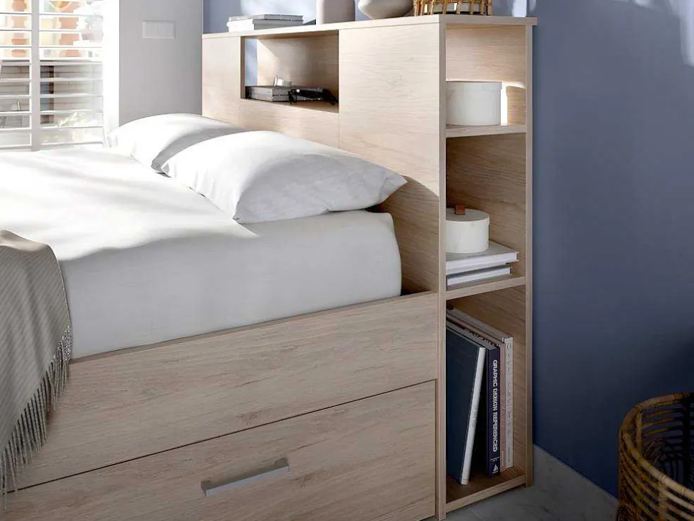 Bed Met Hoofdeinde, Opbergruimte En Lades - 160 X 200 Cm - Eikenkleur - Leandre