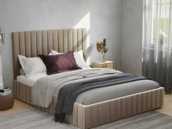Bed Met Opbergruimte 180 X 200 Cm Met Hoofdbord Met Verticale Stiksels - Velours - Taupegrijs + Matras - Larali