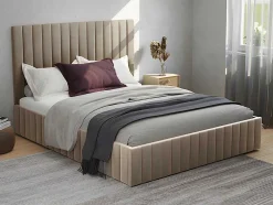 Bed Met Opbergruimte 180 X 200 Cm Met Hoofdbord Met Verticale Stiksels - Velours - Taupegrijs + Matras - Larali