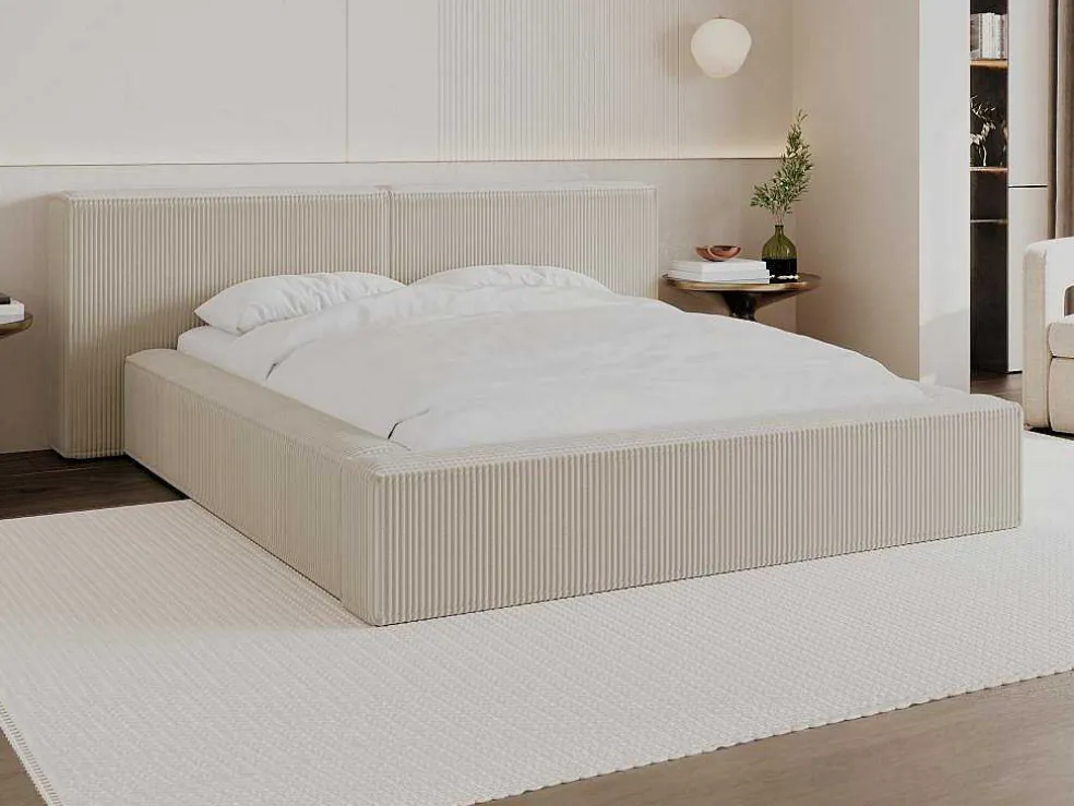 Bed Met Opbergruimte 180 X 200 Cm - Ribfluweel - Beige + Matras - Timano