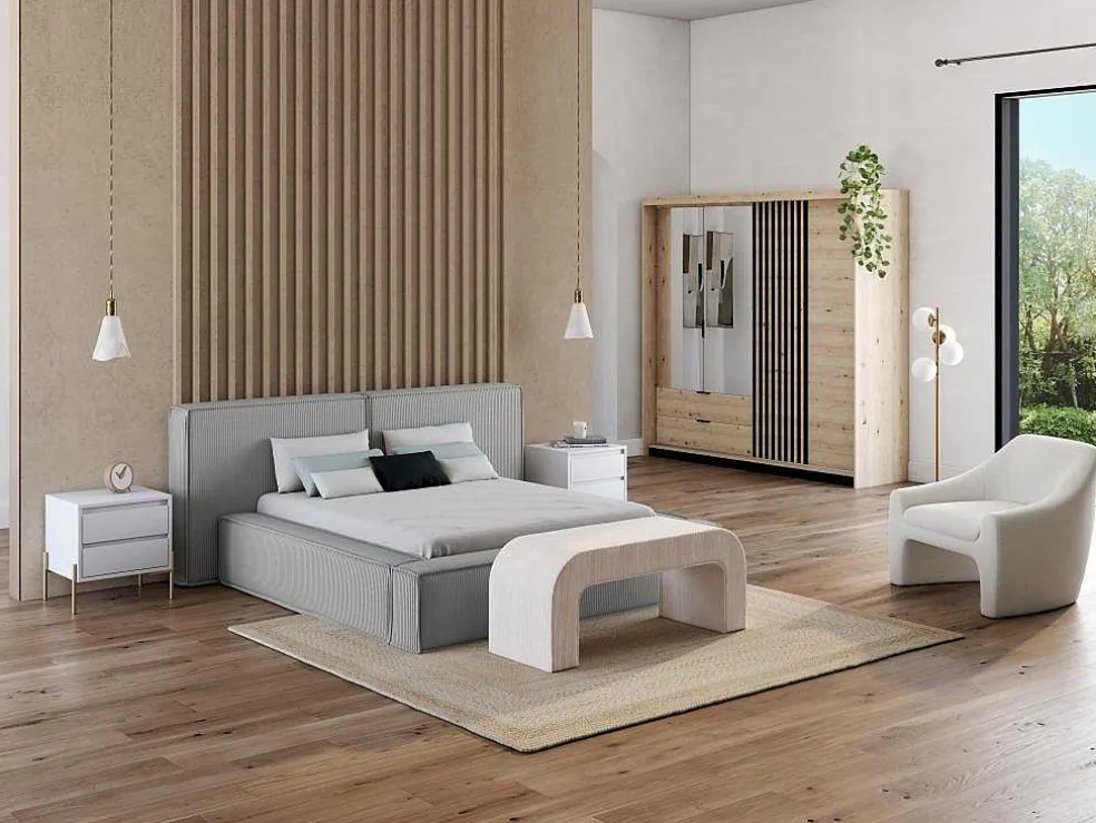 Bed Met Opbergruimte 180 X 200 Cm - Ribfluweel - Lichtgrijs + Matras - Timano