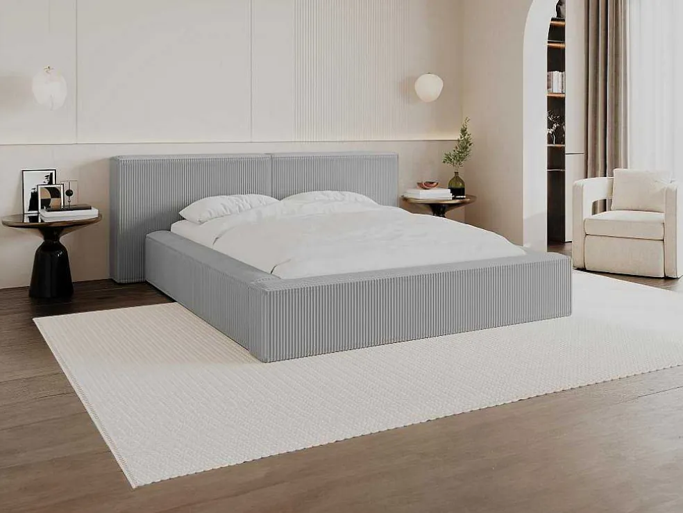Bed Met Opbergruimte 180 X 200 Cm - Ribfluweel - Lichtgrijs + Matras - Timano
