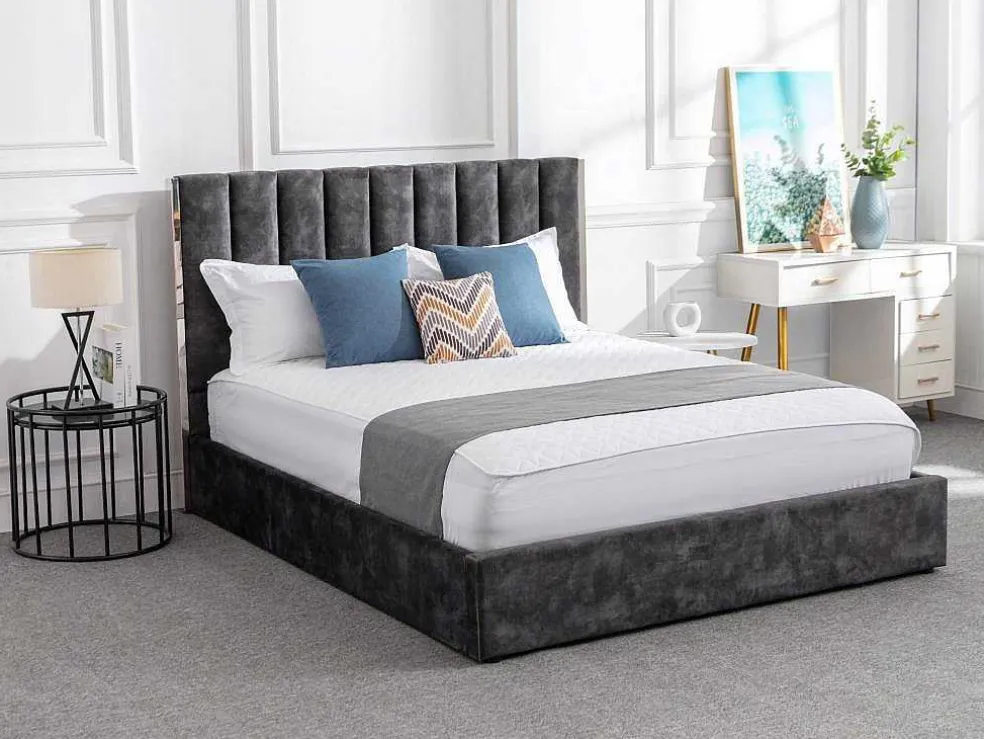 Bed 160 X 200 Cm Met Hoofdbord Met Verticale Stiksels - Velours - Antraciet - Feroya