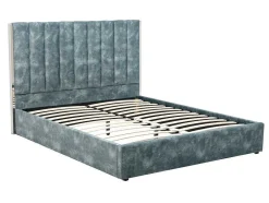 Bed 140 X 190 Cm Met Hoofdbord Met Verticale Stiksels - Velours - Groenblauw - Feroya