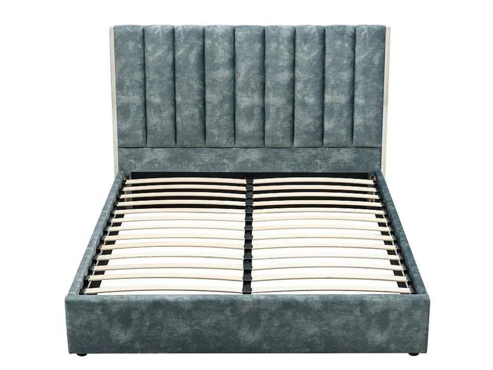 Bed 140 X 190 Cm Met Hoofdbord Met Verticale Stiksels - Velours - Groenblauw - Feroya