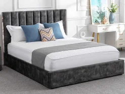 Bed 140 X 190 Cm Met Hoofdbord Met Verticale Stiksels - Velours - Antraciet - Feroya