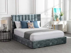 Bed 160 X 200 Cm Met Hoofdbord Met Verticale Stiksels - Velours - Groenblauw - Feroya