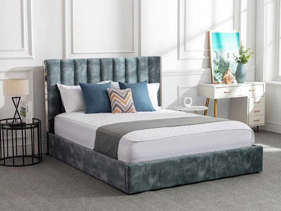Bed 160 X 200 Cm Met Hoofdbord Met Verticale Stiksels - Velours - Groenblauw - Feroya