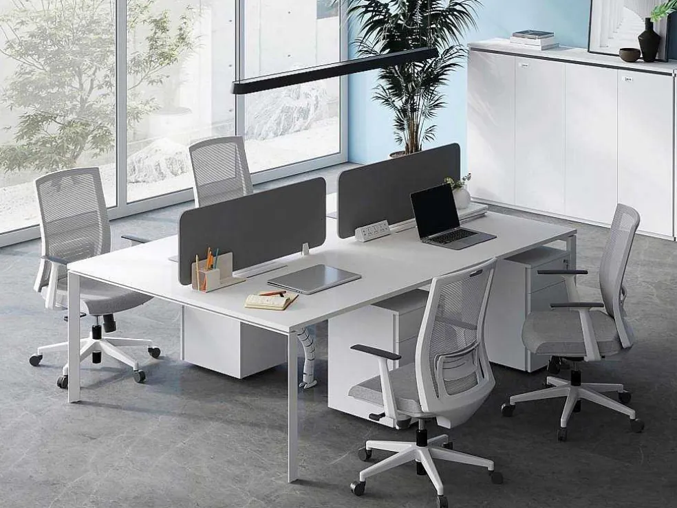 Benchbureau Voor 4 Personen - Wit - L120 Cm - Met Afscheidingen - Downtown