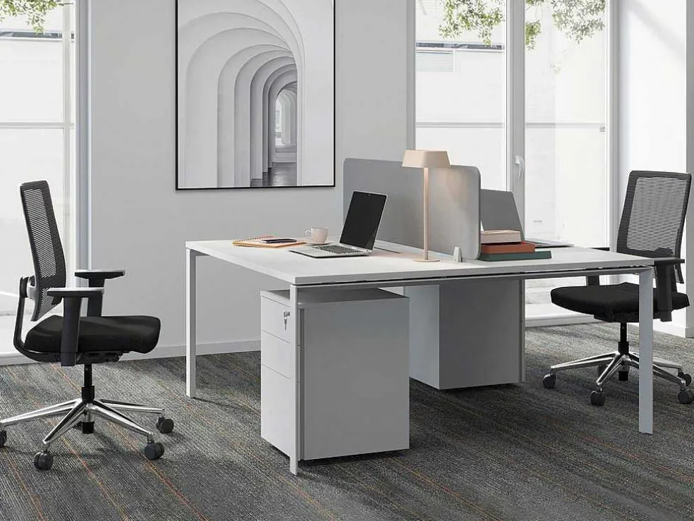 Benchbureau Voor 2 Personen - Wit - L160 Cm - Met Afscheiding - Downtown