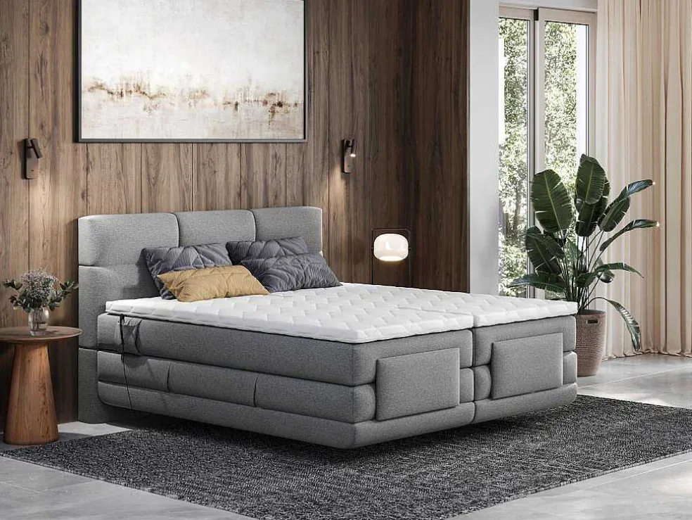 Boxspring-Hoofdbord + Elektrische Lattenbodem + Matras + Opleg - 2 X 90 X 200 Cm - Lichtgrijs - Lodi Van Palacio