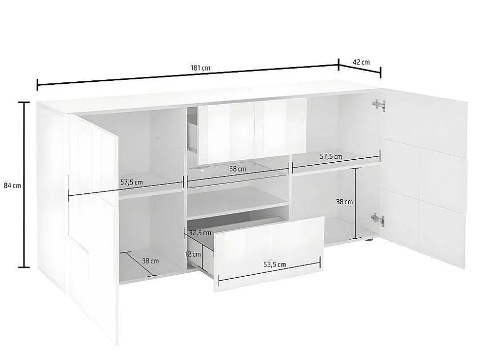 Buffetkast Calisto - Met Led-Verlichting - Twee Poorten En Twee Lades - Wit Gelakt