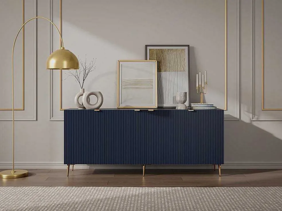 Buffetkast Met 4 Deurtjes Van Mdf En Staal - Blauw En Goudkleurig - Yesinia