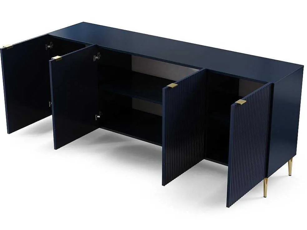 Buffetkast Met 4 Deurtjes Van Mdf En Staal - Blauw En Goudkleurig - Yesinia