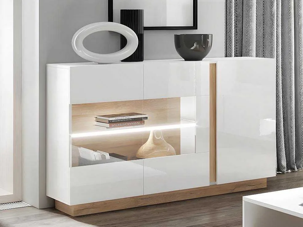 Buffetkast Murari - 3 Deuren - Met Ledverlichting - Hoogglans Wit En Eiken