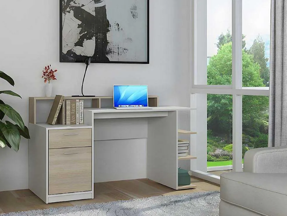 Bureau Met Opbergruimte Zacharie - Wit En Eik
