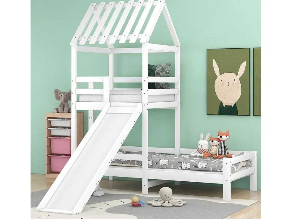 Cabine Stapelbed Met Glijbaan - 90X200Cm + 90X100Cm - Massief Grenen - Wit