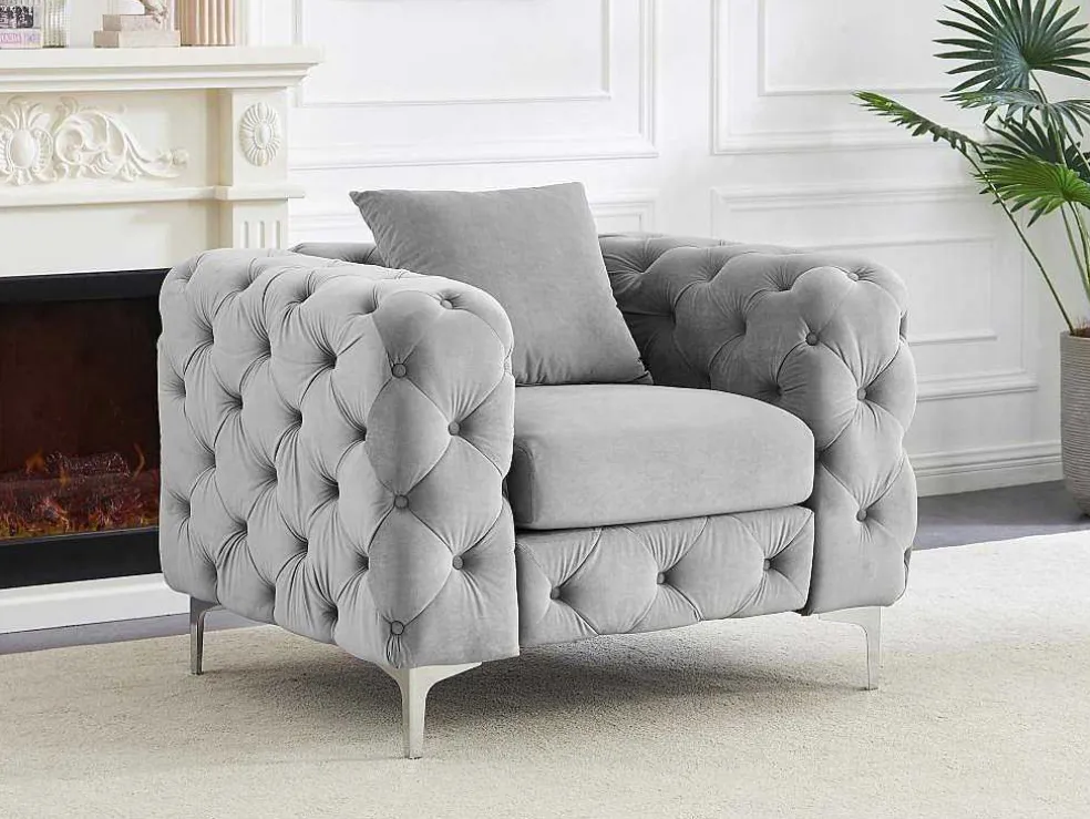Chesterfield-Fauteuil Van Lichtgrijs Velours Edwina
