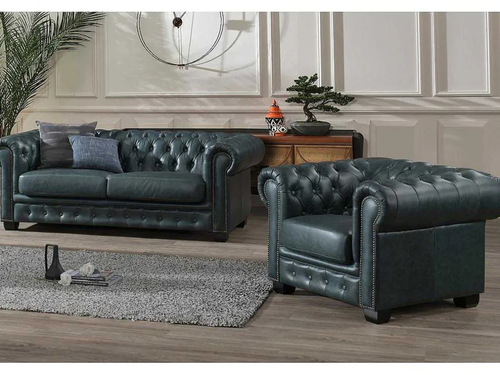 Chesterfield Zitbank 3 + 1 Plaatsen Brenton 100% Buffelleer - Spaans Groen