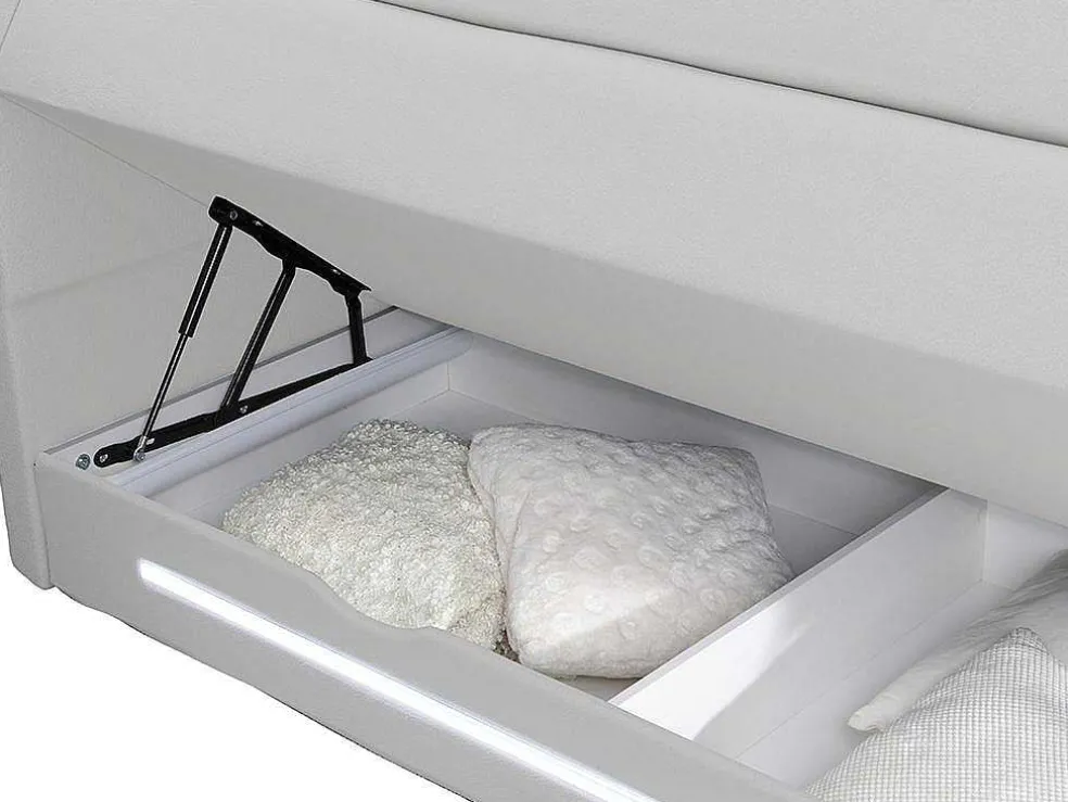 Complete Boxspring Met Hoofdeinde Met Leds, Bedbodem Met Opbergruimte, Matras En Dekmatras - Wit - Kunstleer - 160 X 200 Cm - Keros Van Dreamea