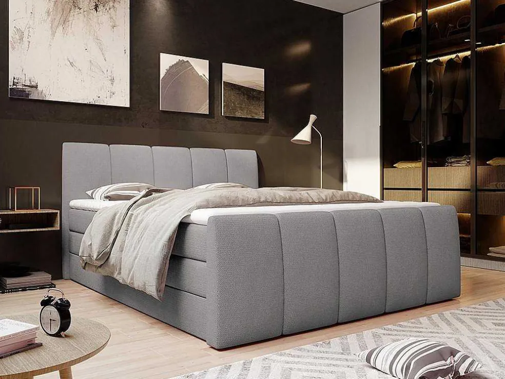 Complete Set Boxspring Met Verstelbaar Hoofdeinde + Bedbodem-Kist + Matras + Dekmatras Verone - Lichtgrijs - 160X200 Cm