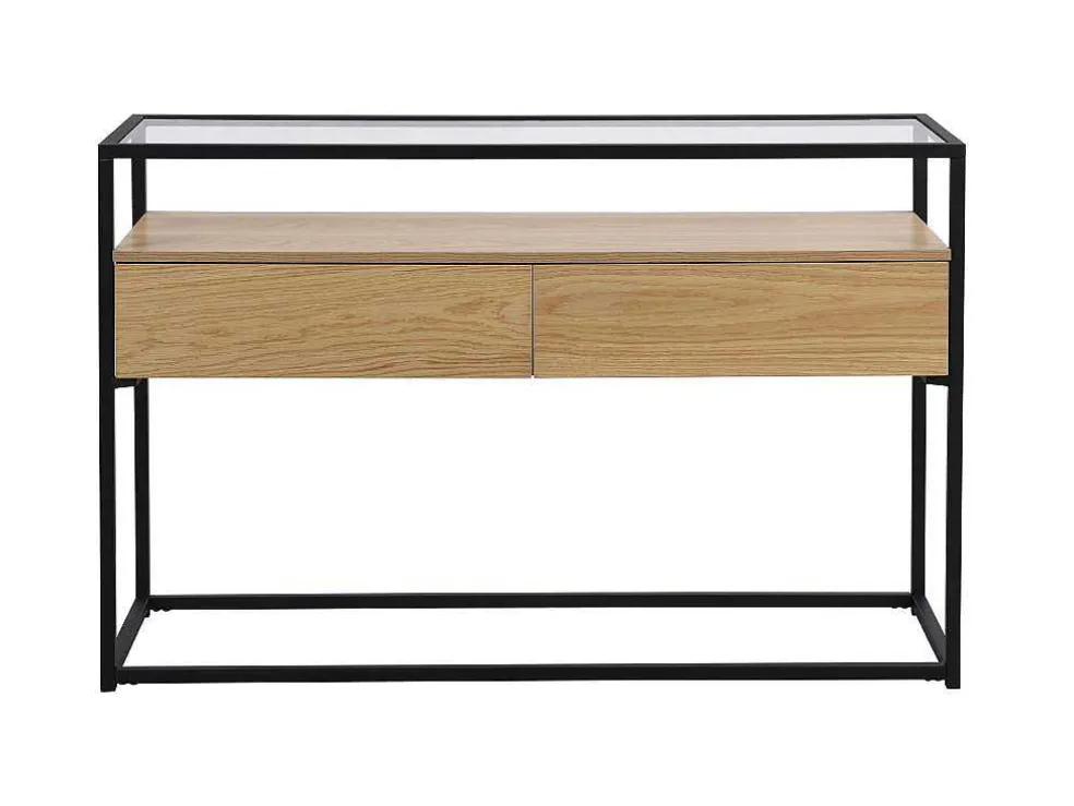 Consoletafel Met 2 Lades Van Mdf, Gehard Glas En Metaal - Licht Naturel - Camata