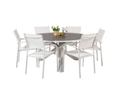 Copacabana Tuinmeubelset Tafel O140Cm En 6 Stoel Santorini Wit, Grijs, Cremekleur.