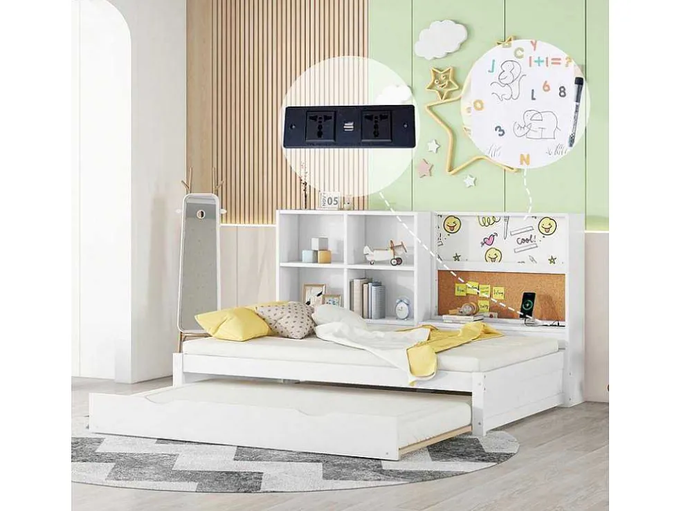 Dagbed Met Onderschuifbed - 90X200Cm - Met Tekentafel En Opbergvakken - Wit