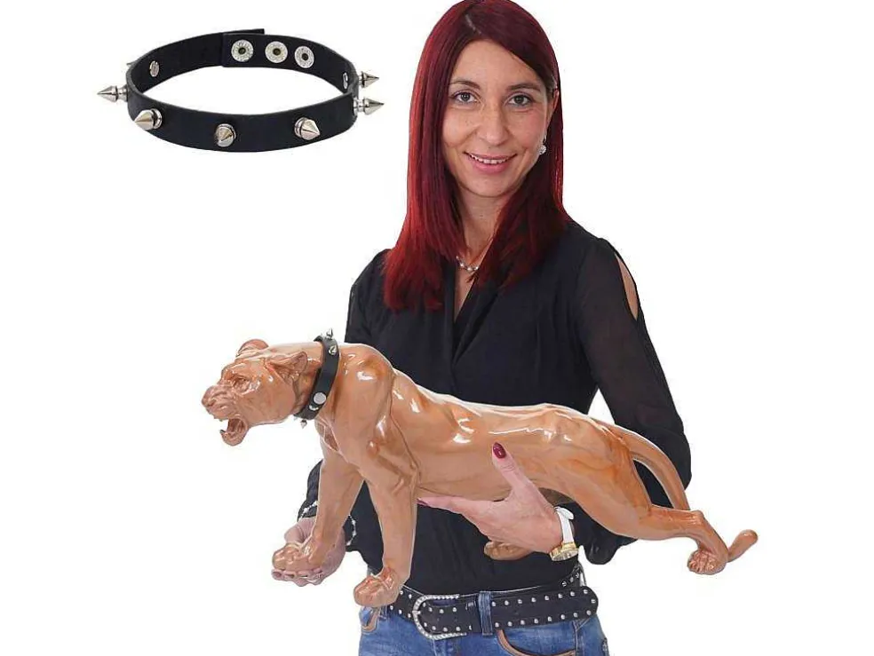 Decoratief Beeldje Panter Met Halsband, Antiek Hoogglans Met Kraag